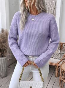 SHEIN LUNE Suéter morado de mujer de cuello redondo, de alta calidad y grosor mejorado, cálido - Púrpura malva - Ver 4