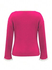 INAWLY Plus Size Casual Simple Stylish Pullover Sweater, Daily Wear, For Winter Knit Pullover Fall - Hot Pink - View 2