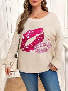 SHEIN LUNE Suéter casual de cuello de barco de talla grande con estampado de labios negro para mujer, para otoño e invierno - Beis - Ver 6