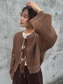 FRIFUL Áo khoác cardigan dáng rộng, tay dài, trễ vai, buộc dây phía trước, thường ngày cho nữ, thời trang thu/đông, mùa thu - màu nâu - Xem 4