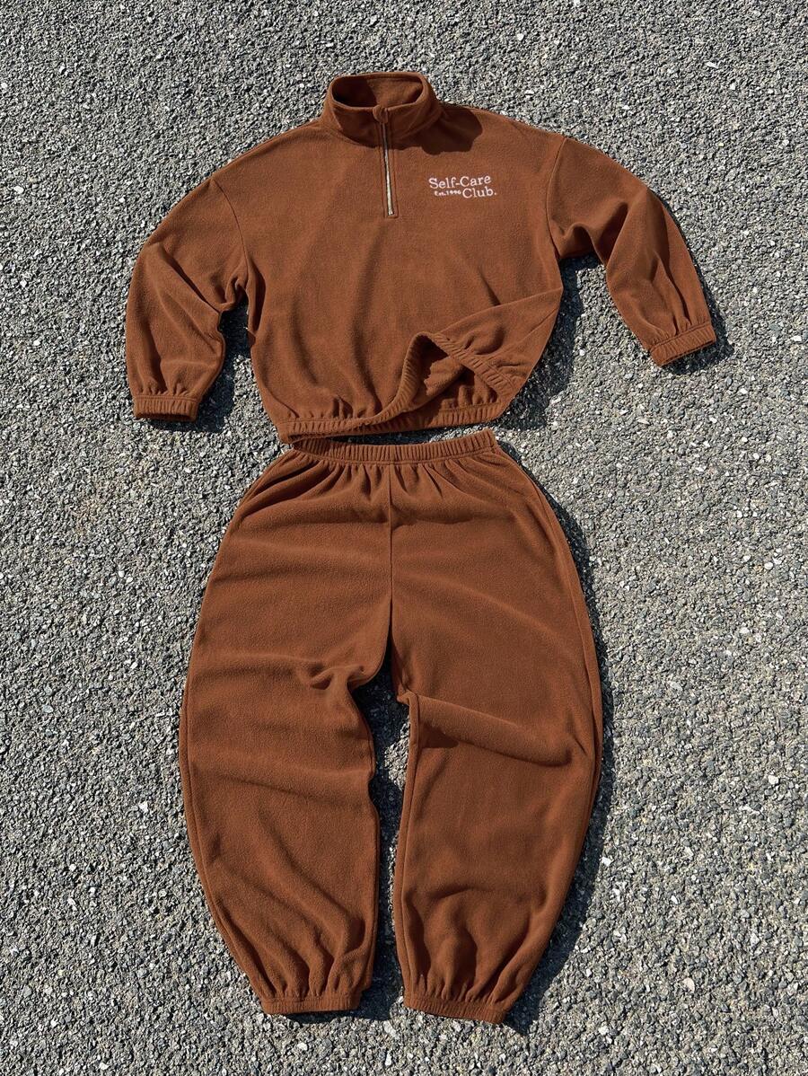 SHEIN 2pcs/Set Tween Boy Loose Casual Stand Collar Letter Graphic Fleece Hoodie & Pants Set