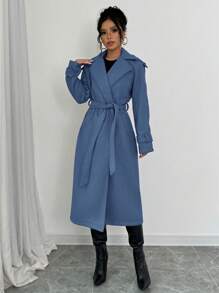 Chiquease Women's Elegant Vintage Shoulder Design Waist Cinched Turndown Collar Overcoat - Dusty Blue - View 5