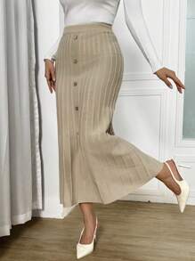 Calvaya Khaki Knee-Length Button Decor Sweater Skirt