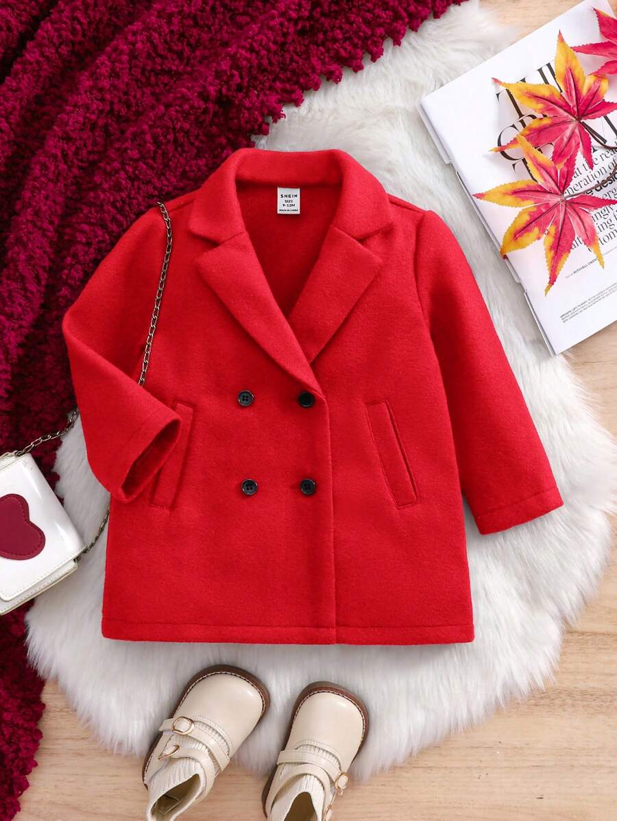 SHEIN Baby Girl Cute Red Knitted Minimalist Lapel Overcoat, Autumn/Winter
