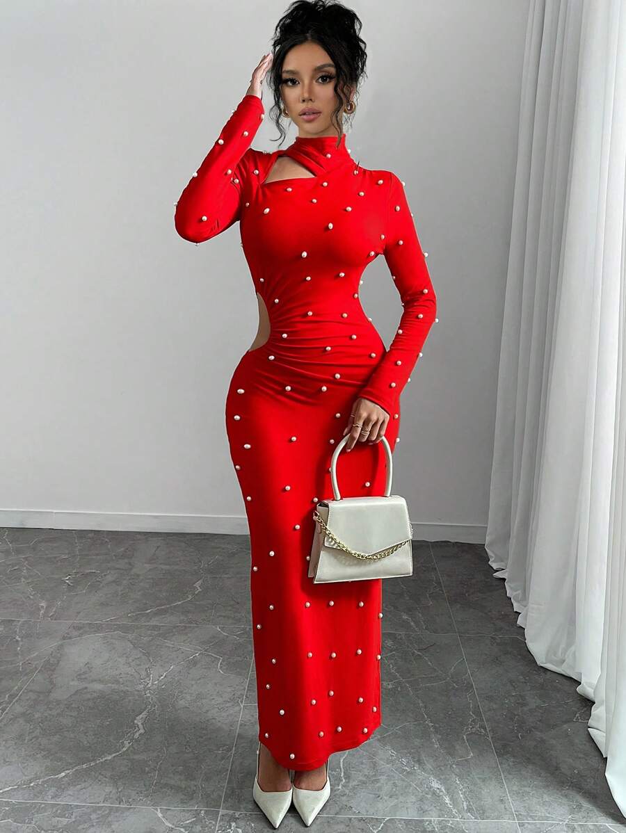 Rafferiza 全新设计博主珍珠镂空长款针织连衣裙新年服装超长款女装 - 紅色 - 查看 1