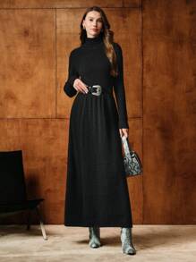 MOTF PREMIUM SOLID HIGH NECK FLARE HEM SWEATER DRESS WITH BUCKLE BELT