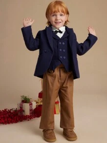 PrepCrw 小男孩蓝色纯色编织西装外套，校园风格