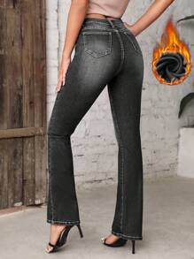 SHEIN Essnce 渐变色前扣口袋感恩节圣诞节女士休闲喇叭腿牛仔裤加厚牛仔布