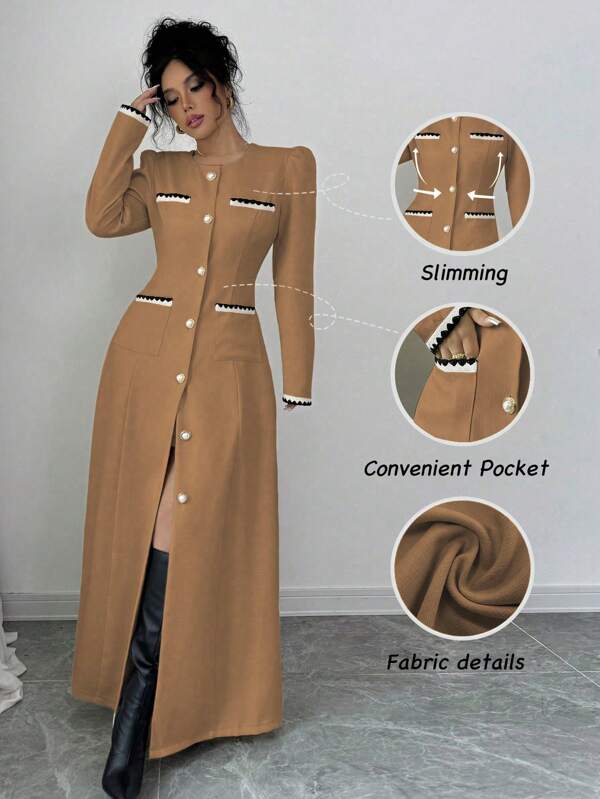 Elenzga 时尚仿珍珠饰边腰部收袖高端通勤夹克