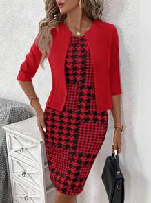 SHEIN Clasi 2pcs Women's Black Short Sleeve Jacket Paired With Houndstooth Knee-Length Bodycon Dress, Elegant Office/Casual Outfit For Autumn/Winter/Spring