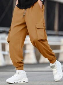 Manfinity Hypemode Loose Fit Men Plus Size Letter Patched Flap Pocket Side Drawstring Waist Cargo Pants, Fall - Khaki - View 7
