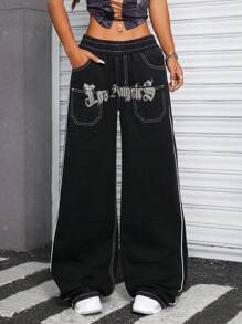 SHEIN ICON Jeans anchos de pierna ancha casuales con estampado de letras en el bolsillo, estilo Y2K streetwear para mujer