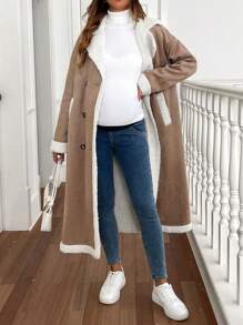 SHEIN 孕妇双排扣保暖内衬长款夹克，秋冬季休闲风格 - 卡其色 - 查看 3