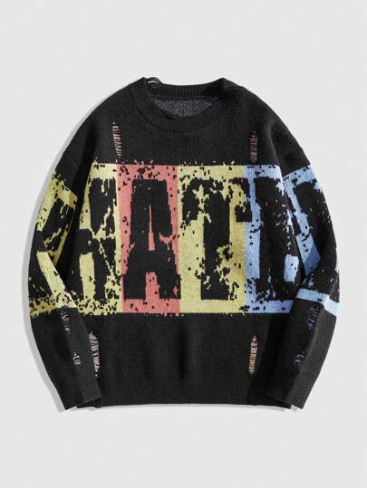 Street Life Pull ample à manches longues avec imprimé lettres, col ras-du-cou, effet déchiré, tricot lâche, décontracté pour l'automne/hiver