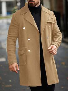 Manfinity Homme Áo khoác nam trơn màu đơn giản cài hai hàng khuy, Thu/Đông - Màu Khaki - Xem 5