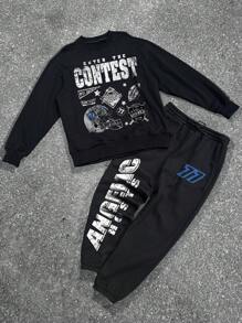 Manfinity LEGND 2 件套男士加大码秋季字母印花圆领长袖运动衫和运动裤，休闲 - 黑色 - 查看 1