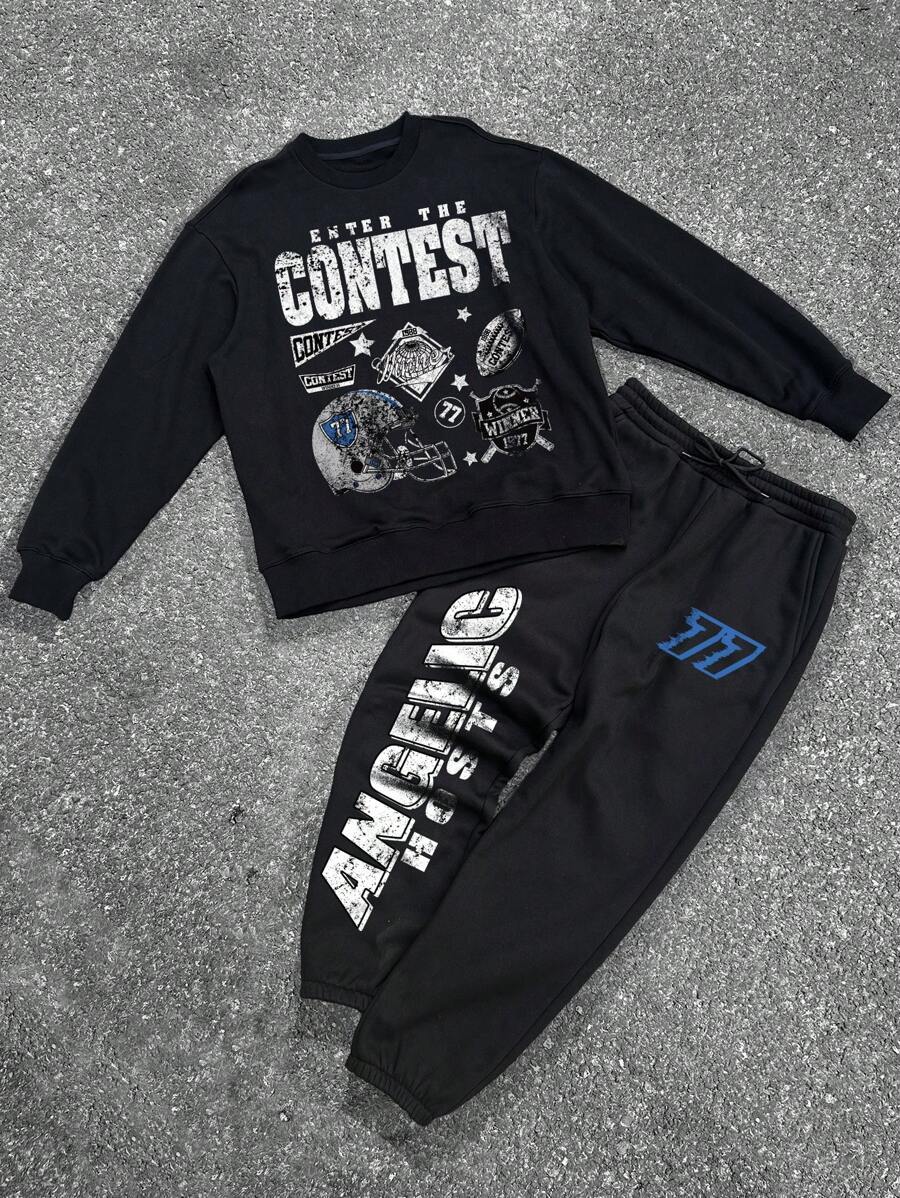 Manfinity LEGND 2 件套男士加大码秋季字母印花圆领长袖运动衫和运动裤，休闲 - 黑色 - 查看 1