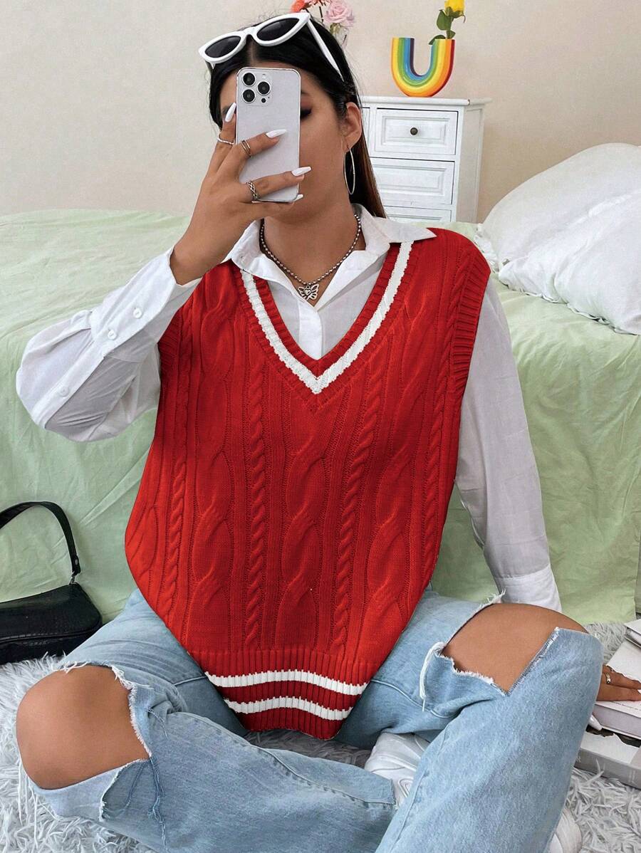 Flirla Plus Size V-Neck Cable Striped Print Sleeveless Sweater Vest For New Year Clothes - Red - View 1