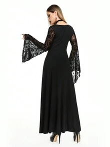 ROMWE Goth 万圣节哥特式植绒和花卉印花网眼撞色系带高腰女式连衣裙 - 黑色 - 查看 4