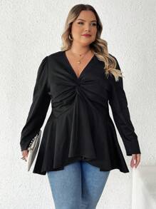 SHEIN CURVE+ Camiseta de mujer de talla grande de cuello en V elegante, de manga larga y cintura ceñida, apta para primavera, verano, otoño e invierno