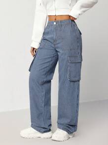 SHEIN EZwear Quần Jeans Cargo Ống Thẳng Ôm Lưng Thấp Cho Nữ, Màu Xanh - Màu xanh lam - Xem 4