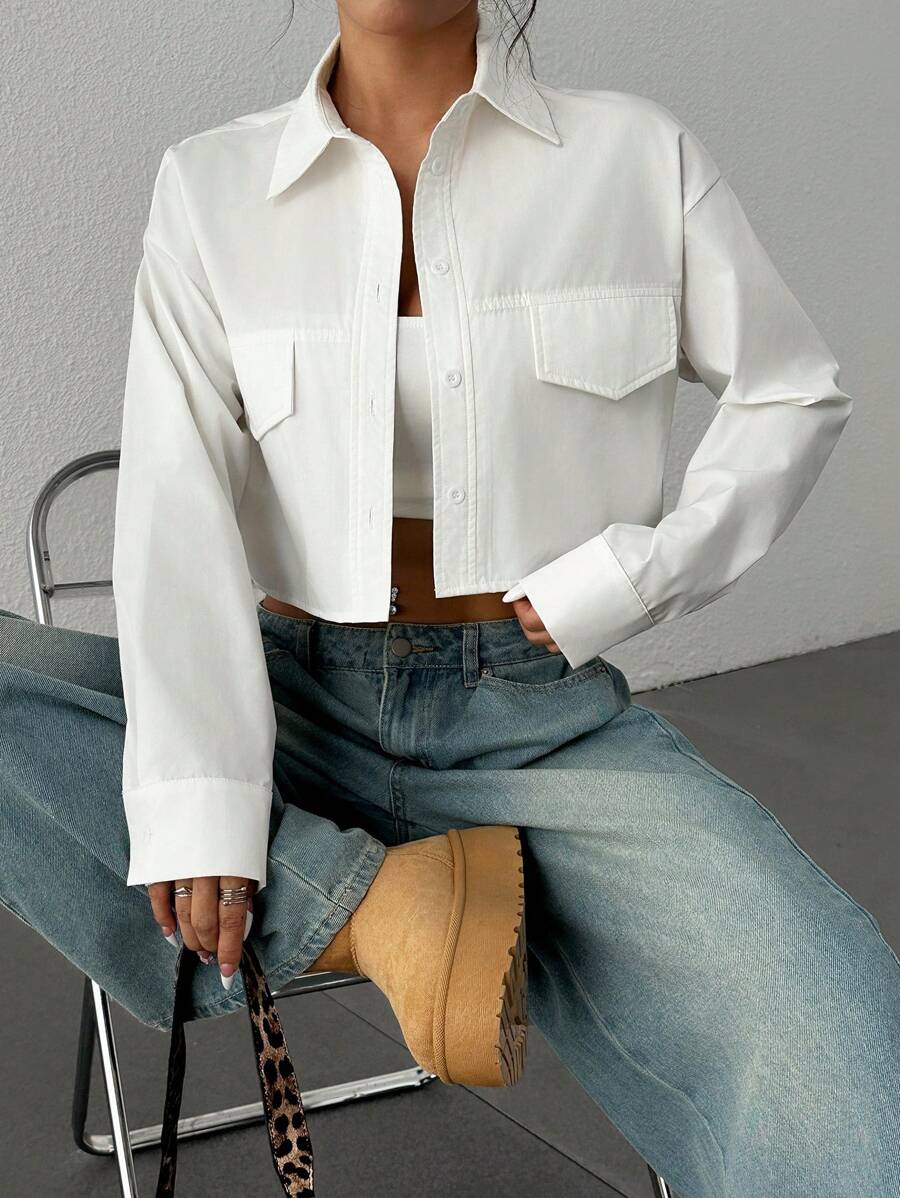 SHEIN EZwear 1 pièce Chemise décontractée ample à manches longues avec épaules dénudées et simple boutonnage pour femme, automne