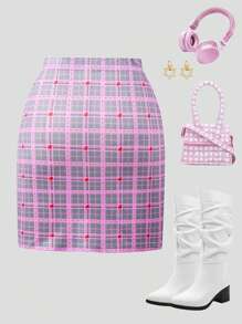 SHEIN Explorewe Jupe mini douce à motif cœur à carreaux pour la Saint-Valentin pour les adolescentes
