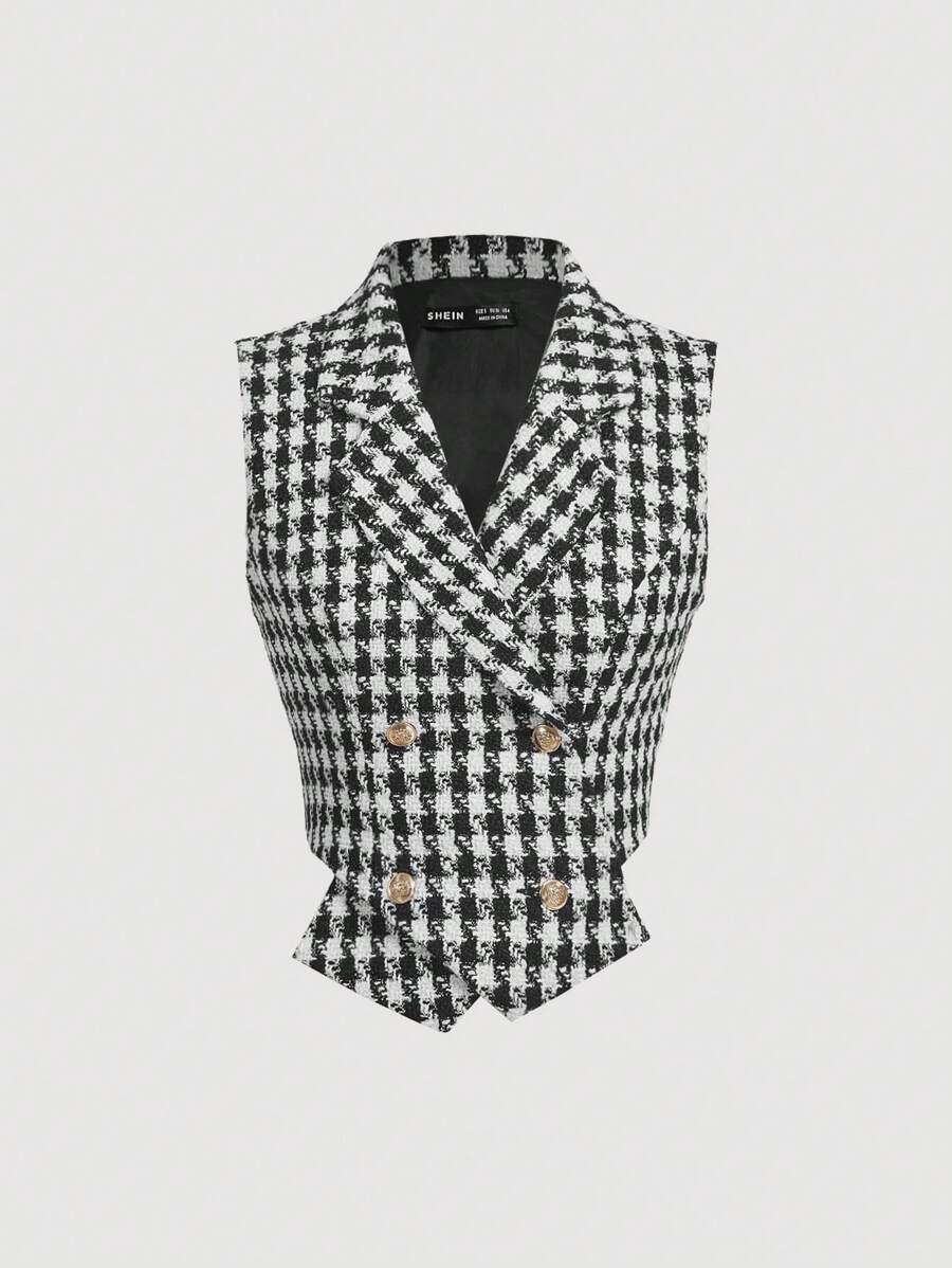 SHEIN MOD 女士复古浪漫千鸟格双排扣背心，老钱风格职业装商务休闲女士