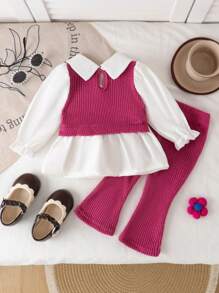 SHEIN Sweetra Young 女婴长袖拼布领蝴蝶结装饰上衣和长裤套装 - 玫紅色 - 查看 2