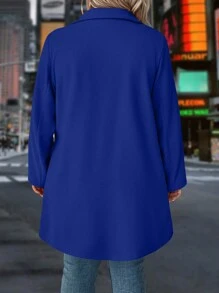 SHEIN LUNE Abrigo abrigado de talla grande con abotonadura sencilla de imitación de cachemira, chaqueta casual de unicolor, otoño/invierno - Azul - Ver 2