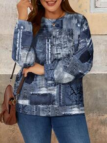 EMERY ROSE 大码女式休闲拼布图案圆领宽松长袖套头运动衫，秋冬