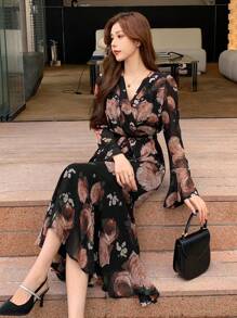 DAZY V-Neck Floral Print Ruffle Hem Midi Dress For Women,Fall Dress - Pink - View 8