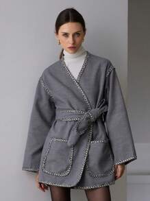 SHEIN Privé Vintage Coin Design V-Neck Pocket Belt Waistband Loose Regular Fit Women Coat, Elegant Style  Fall Cloth For Women - Grey - View 6