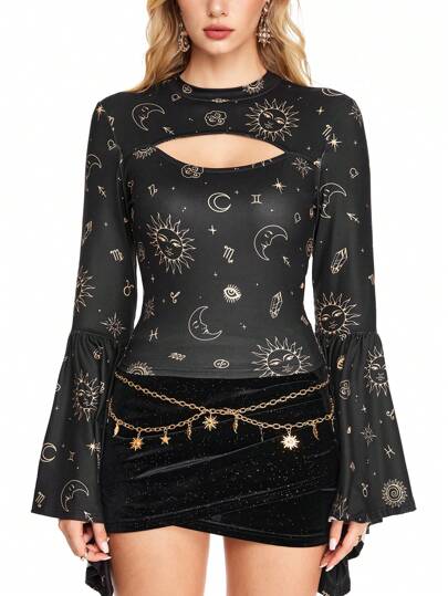 Maglietta da donna in velluto con maniche a sbuffo e design traforato, stile hippie