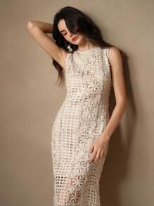 Anewsta Váy dài chất liệu khoét rỗng tối giản phong cách Pháp dành cho nữ, mùa thu/đông - Màu be - Xem 3