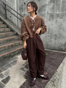 FRIFUL Áo khoác cardigan dáng rộng, tay dài, trễ vai, buộc dây phía trước, thường ngày cho nữ, thời trang thu/đông, mùa thu - màu nâu - Xem 2