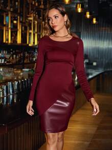 SHEIN Clasi 1pc Women Elegant Round Neck PU Splicing Bodycon Dress