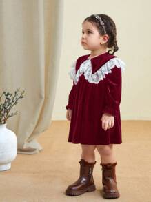 SHEIN LMoss Kids LMoss Baby Girls Autumn Elegant Stretchy Velvet & Contrast Lace Peter Pan Collar Dress For Christmas - Burgundy - View 3