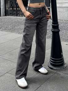 Loose Straight Pocket Casual Versatile Solid Color Denim Jeans