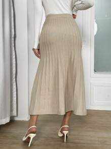 Calvaya Khaki Knee-Length Button Decor Sweater Skirt