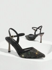 CUCCOO SZL 女士尖头水钻装饰金属细高跟鞋，性感黑色网眼露背夜店派对鞋 - 黑色 - 查看 8