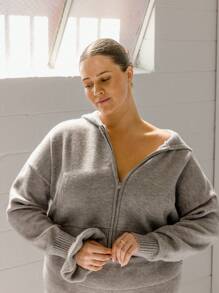 Aralina Chaqueta tipo bomber de punto con cremallera y capucha acanalada de color gris jaspeado con scrunchie a juego