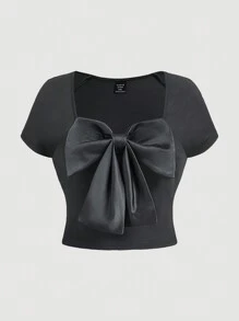 SHEIN MOD Plus Size Solid Color Bow Decor Fitted T-Shirt