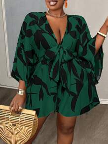 Slaydiva 大码女式假日休闲 V 领宽松印花连体裤，配系带腰带，适合夏季 - 墨綠色 - 查看 1