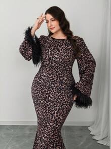 Modelyn Plus Size Leopard Print Fluffy Sleeve Panel Elegant Long Sleeve Dress - Multicolor - View 3