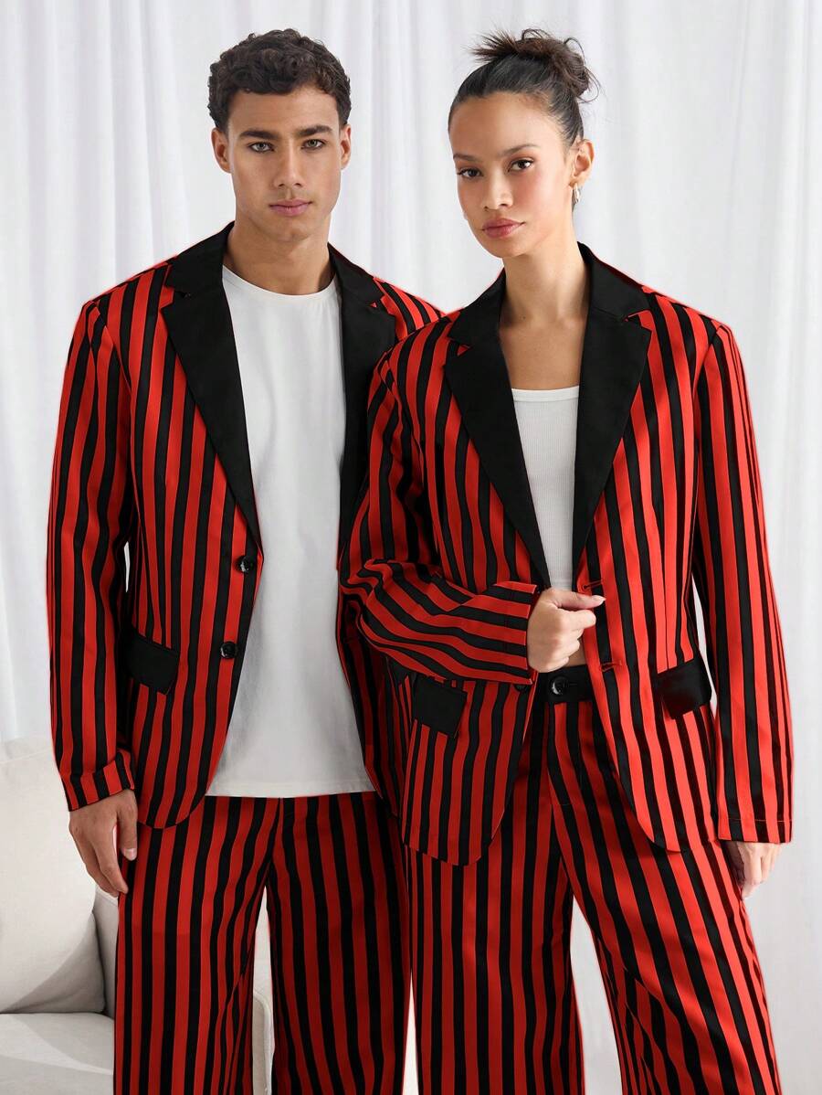 Manfinity VCAY Men's Woven Striped Color Block Loose Casual Turndown Collar Long Sleeve Blazer Jacket, Suitable For Autumn, For Fall Winter - Red - View 1