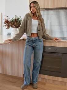 RueChic WOMEN STRAIGHT LOW WAIST BELTED DETAIL JEANS - Medium Wash - View 1