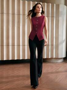 Anewsta Women's Elegant Single-Breasted Round Neck Top, Suitable For Commuting For New Year Clothes Graphic Tees Women Tops - Red - View 5