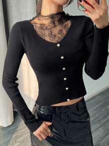 DAZY Autumn New Slim Fit Lace Patchwork Women Sweater - Black - View 5