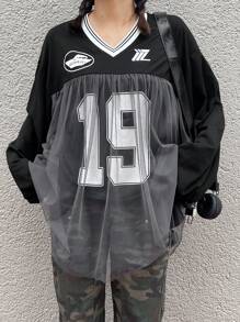 FRIFUL Women's Number & Letter Print Mesh Contrast T-Shirt With Sporty Vibe,Fall Clothes - Black - View 7